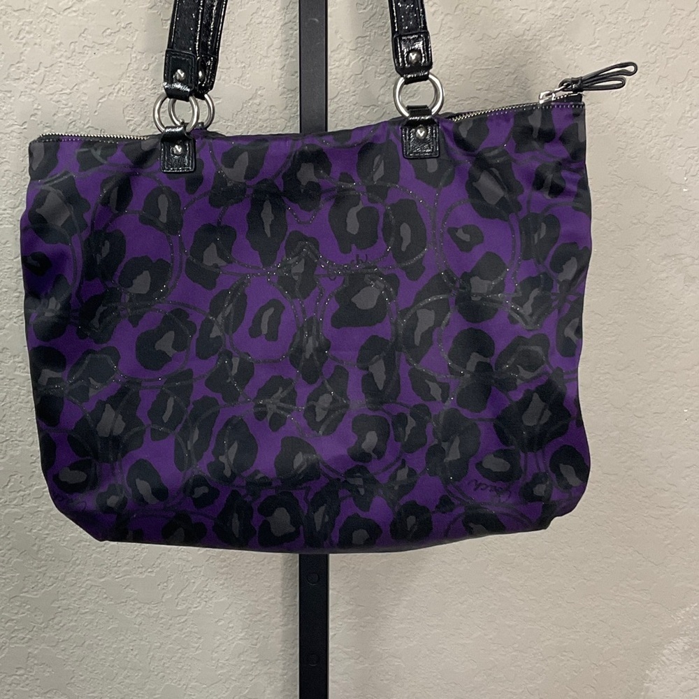 Coach Black and Purple EUC Animal Print Tote, small cracks on handles. - Picture 3 of 6